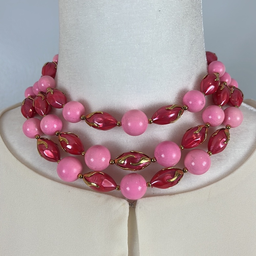 Choker Multi Strand Vintage 1950s with Round  Oblong Beads & Gold Tone Hardware - Picture 9 of 15